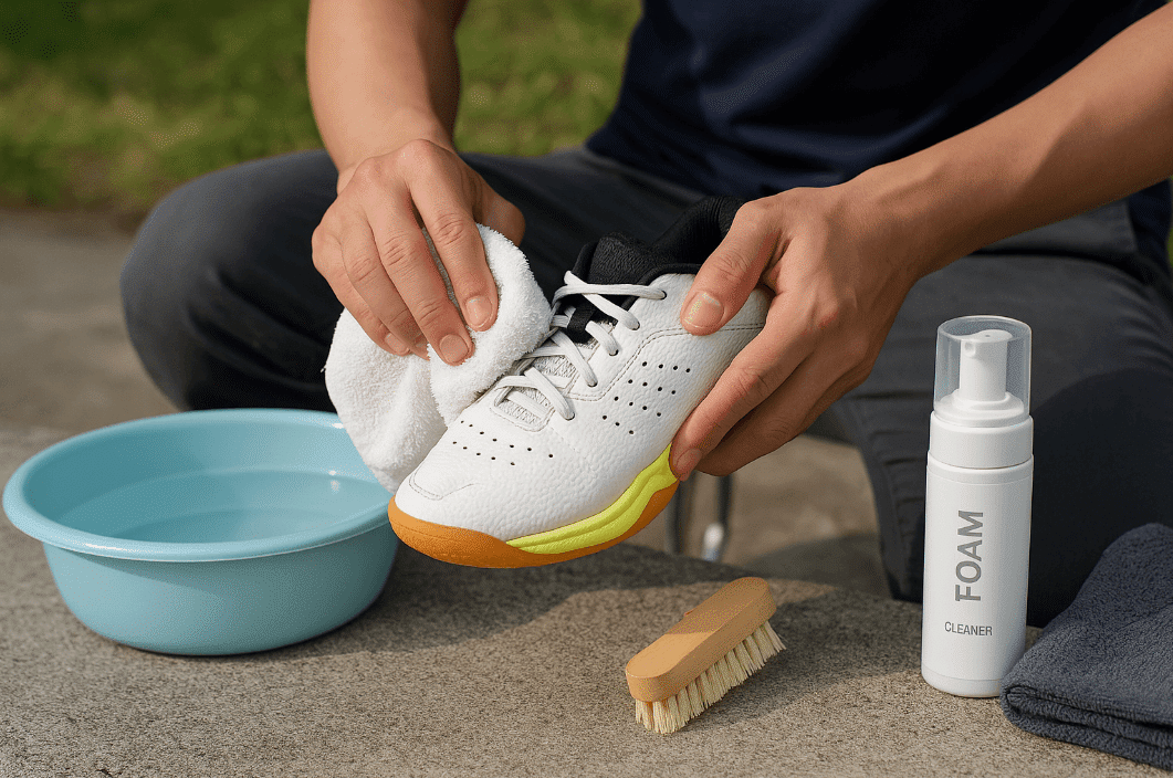 Cleaning tennis shoe with cloth