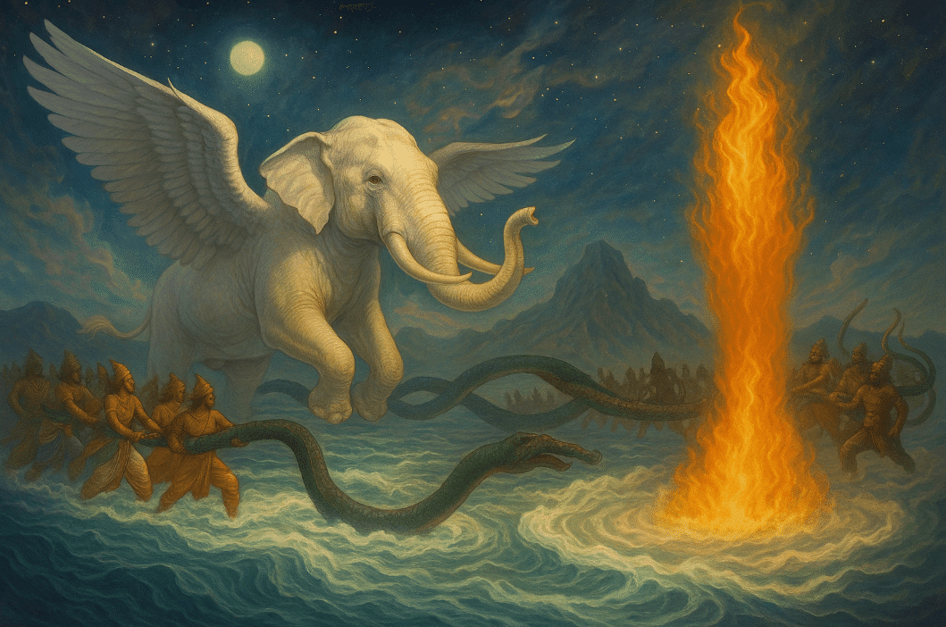 Flying elephant painting above flames