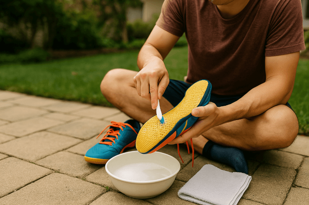 Man sitting on ground with badminton shoes