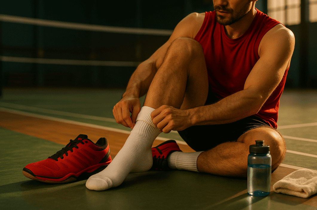 Man tying socks on tennis court for badminton preparation