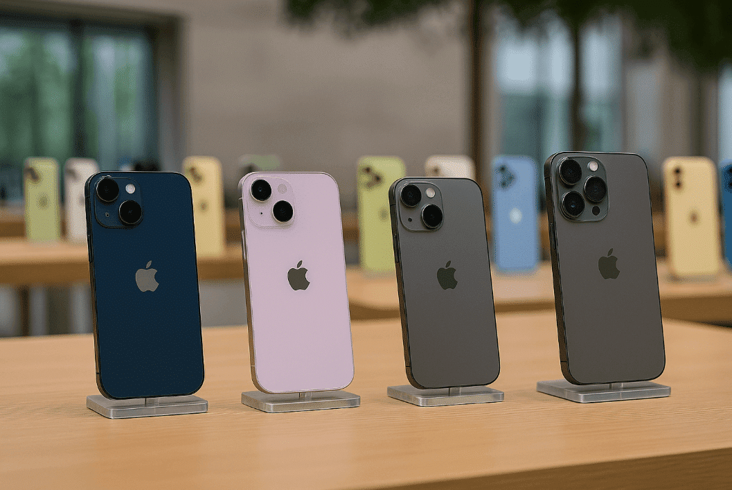 Multiple iPhones on wooden table