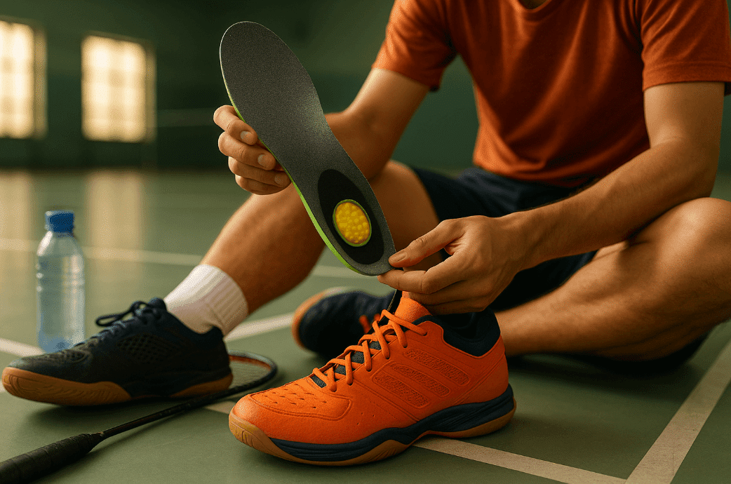 Pria duduk di lantai dengan sepatu badminton, menyoroti sol dengan busa per mini.
