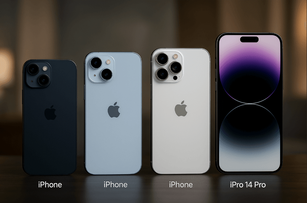 Three colored iPhones for feature comparison