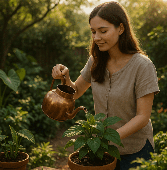 A woman watering a plant with a copper watering can