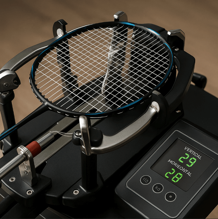 Close up of a tennis racket on a table for high tension string discussion