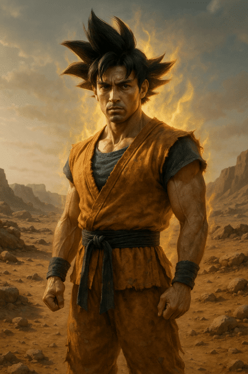 Digital painting of a man resembling Goku in a desert setting