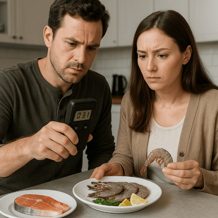 Man and woman checking phone at table