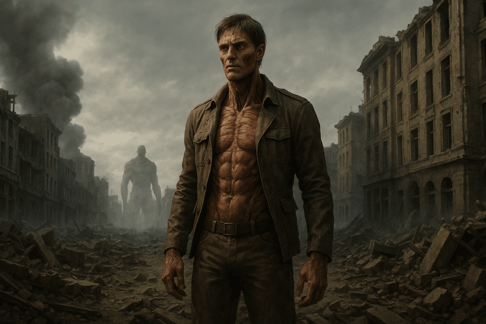 Man standing amidst destroyed cityscape in AI Attack on Titan transformation