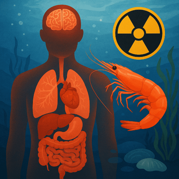 Painting of a man, fish, and radioactive sign highlighting Cs-137 contamination risks