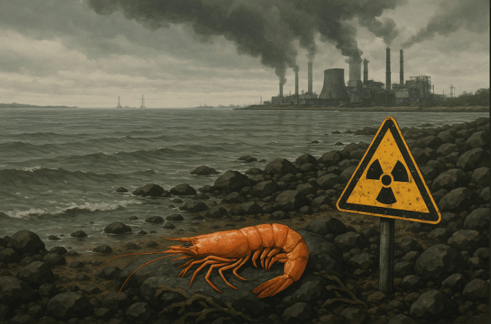 Painting of a shrimp with radioactive sign
