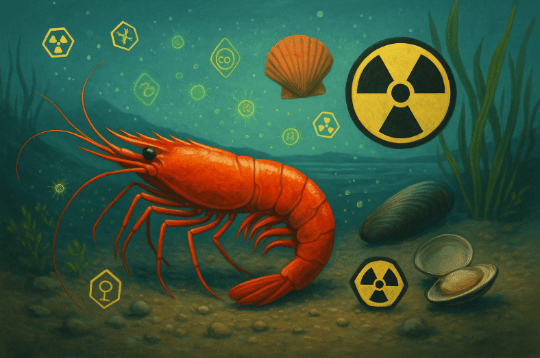 Painting of lobster with radioactive sign, symbolizing seafood contamination