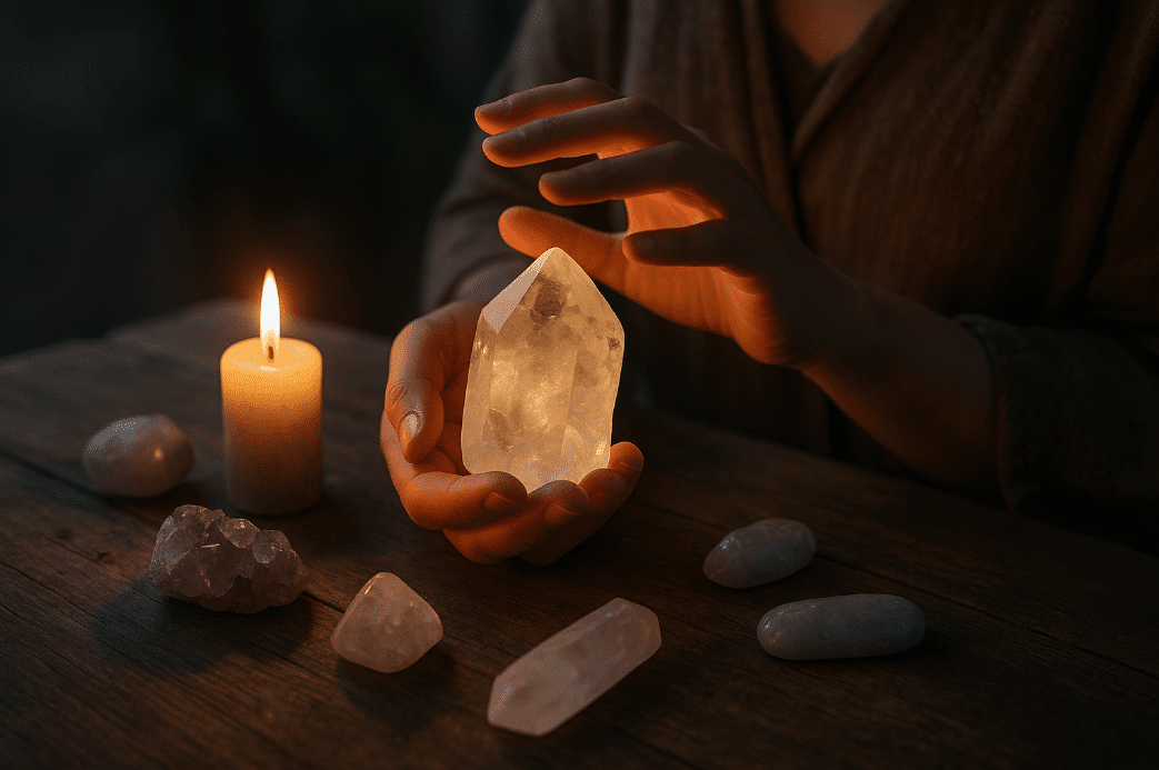 Person holding crystal ball by candle in ancient energy ritual