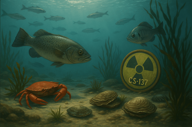 Radiant seafood painting with crab and radioactive symbol