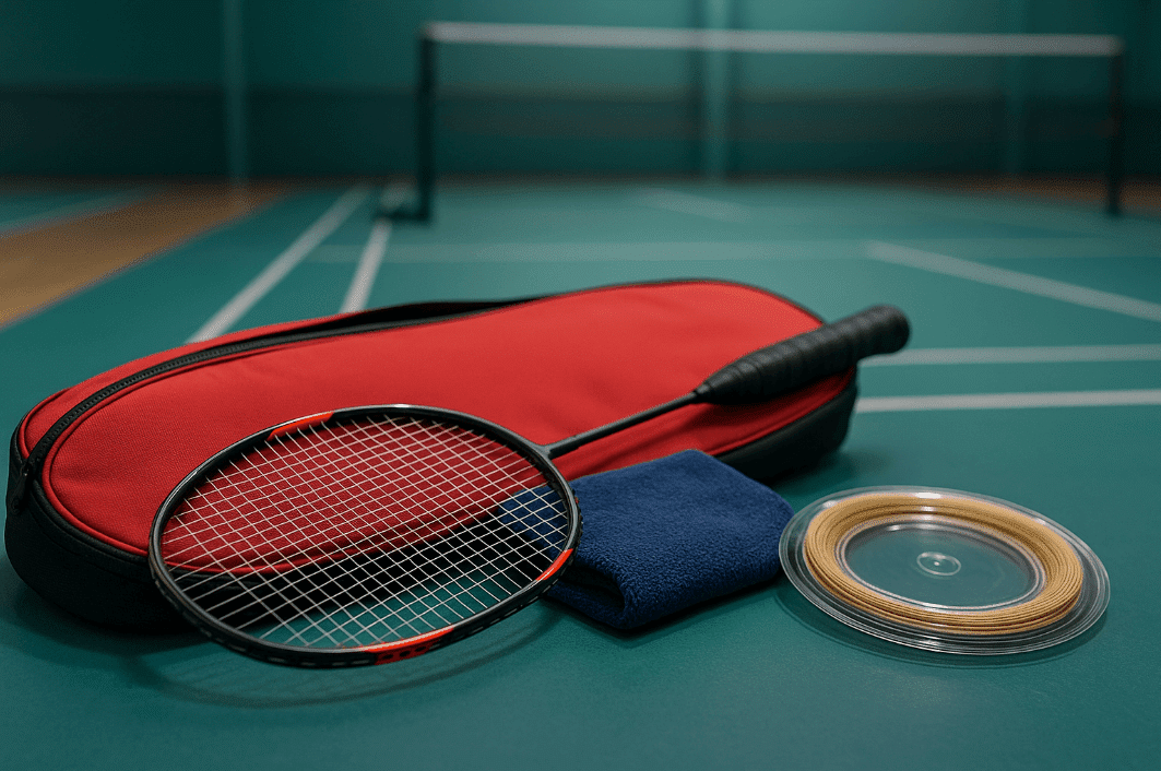 Tennis racket and ball on court