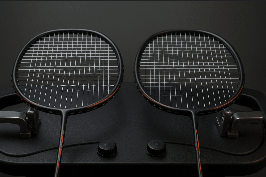 Two tennis racquets stacked on a court