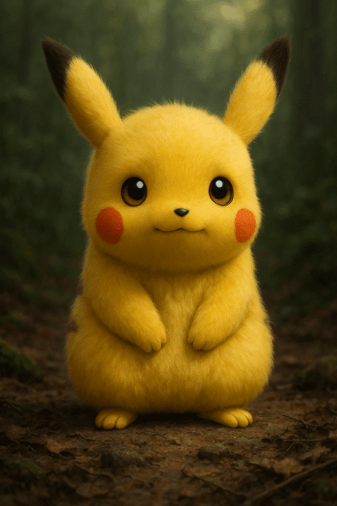 Yellow stuffed animal resembling Pikachu in forest setting