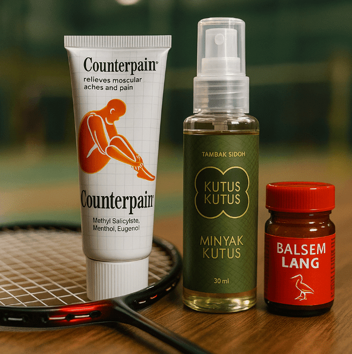 A tennis racket with lotion and sunscreen for joint pain relief before badminton