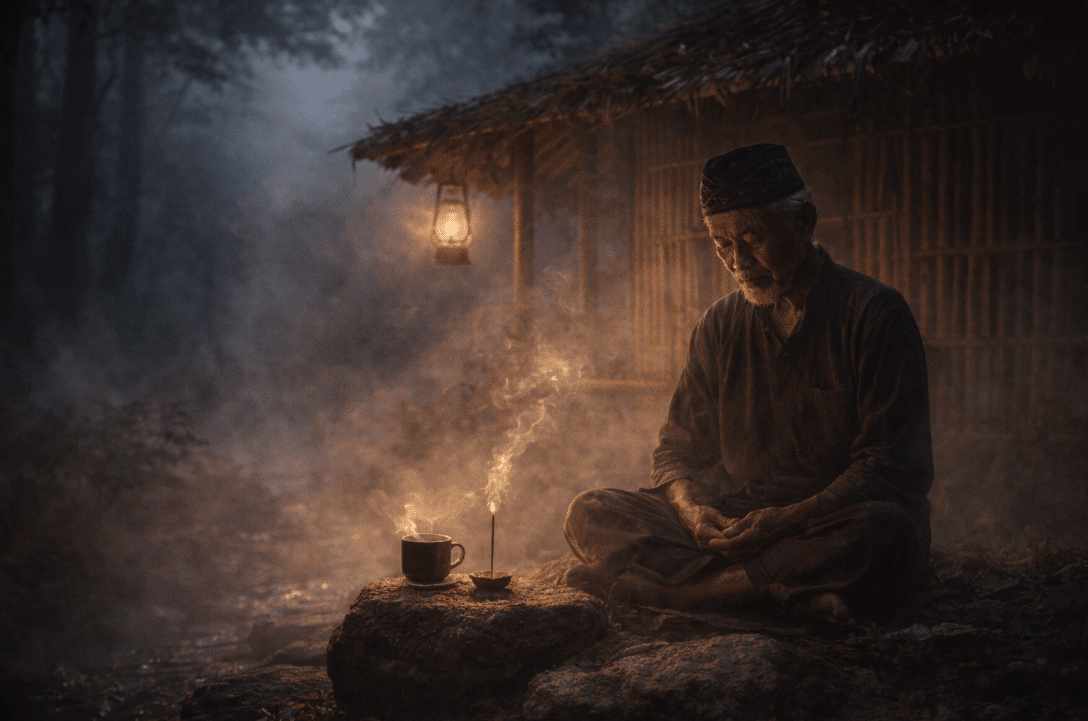 A man sitting on a rock with a lit candle nearby