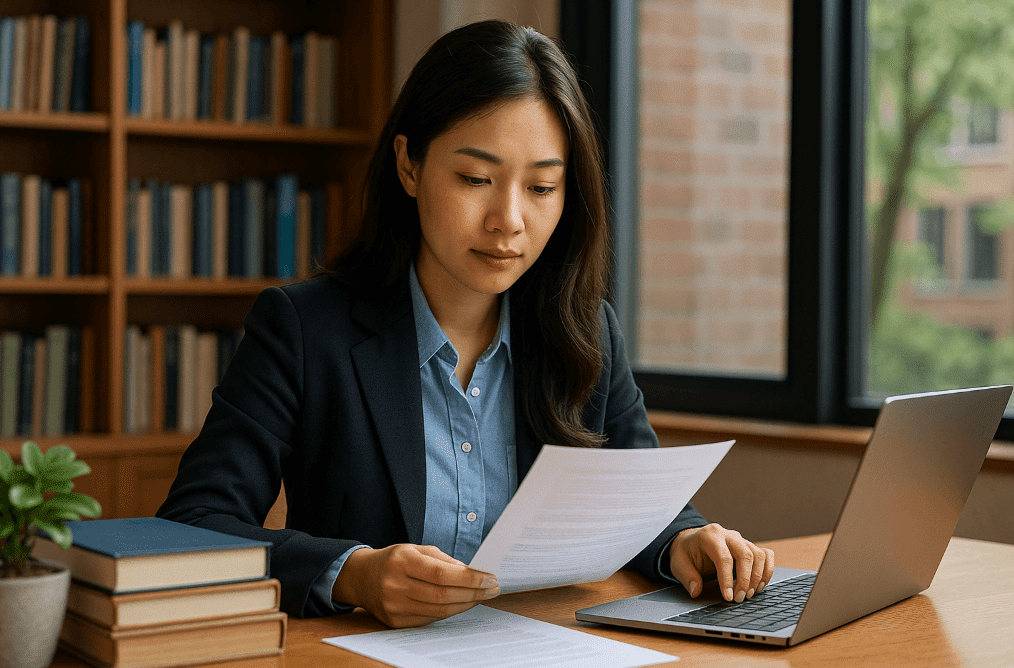 Female academic working on scholarship applications at home