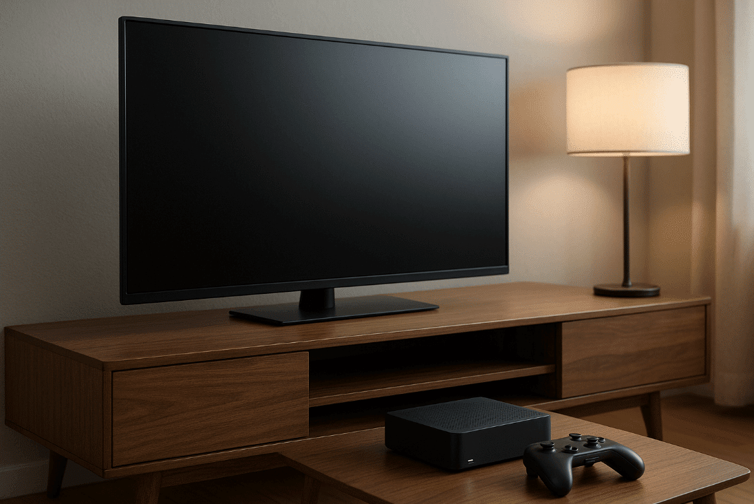 Flat screen TV on wooden table