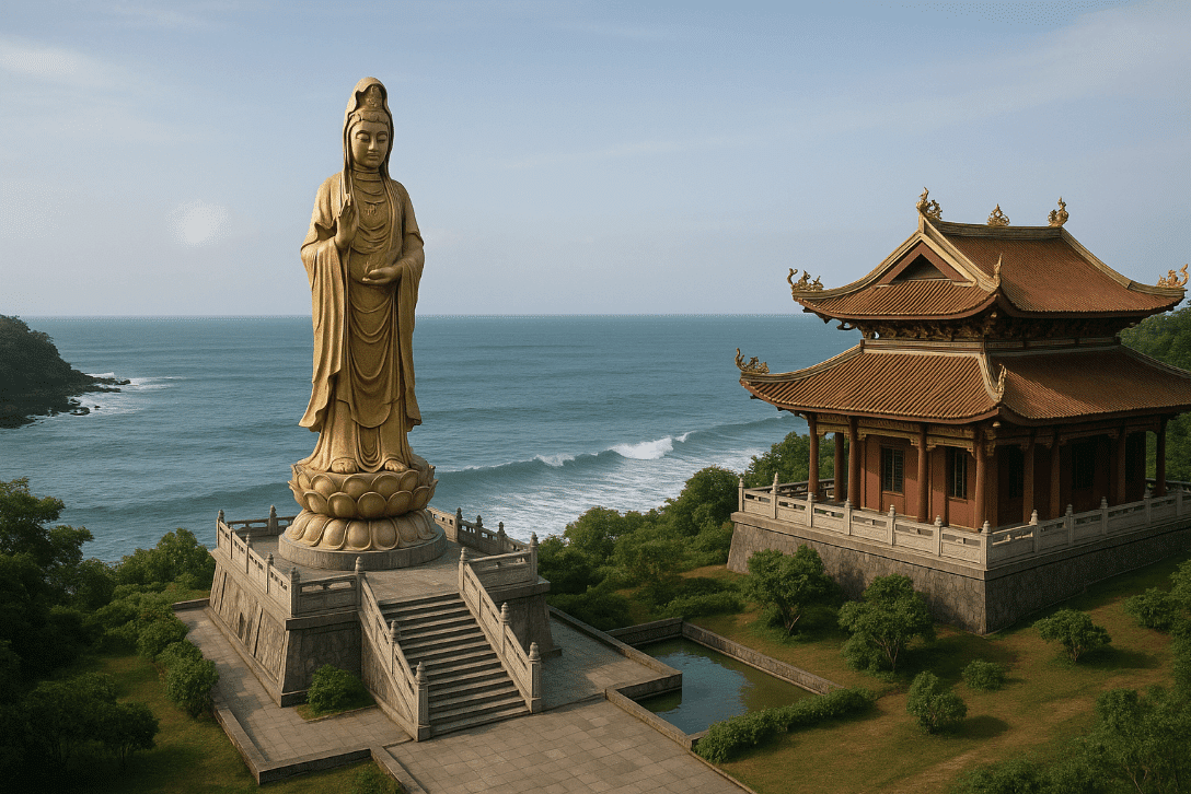 Golden buddha statue in front of pagoda at Vihara Nam Hai Sukabumi