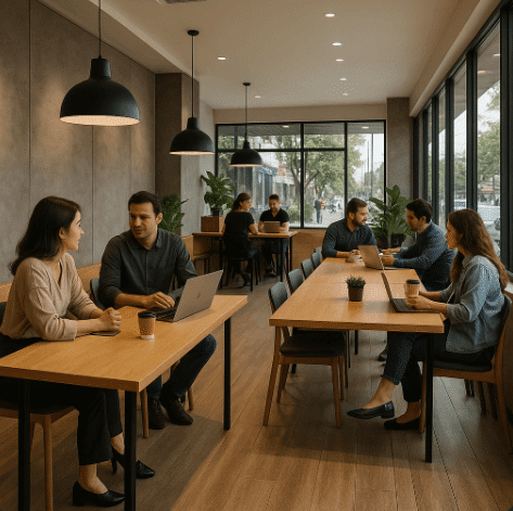 Group of people sitting around a wooden table in a cozy Margonda meeting spot