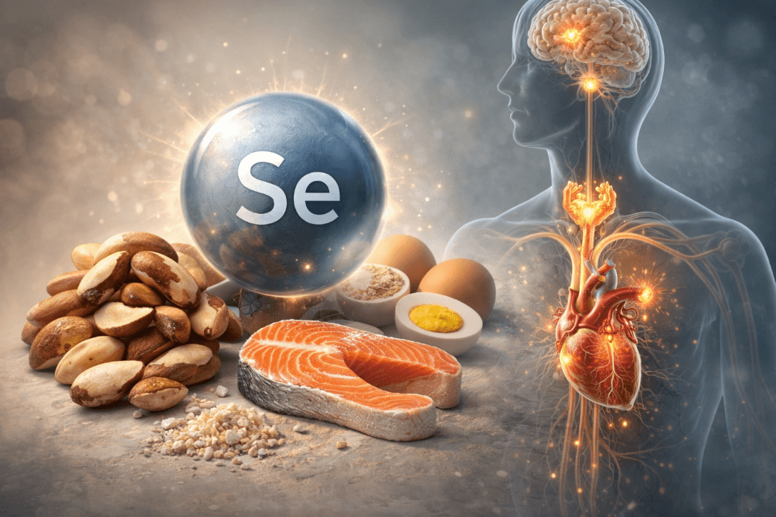 Illustration of selenium's impact on human body with food inside