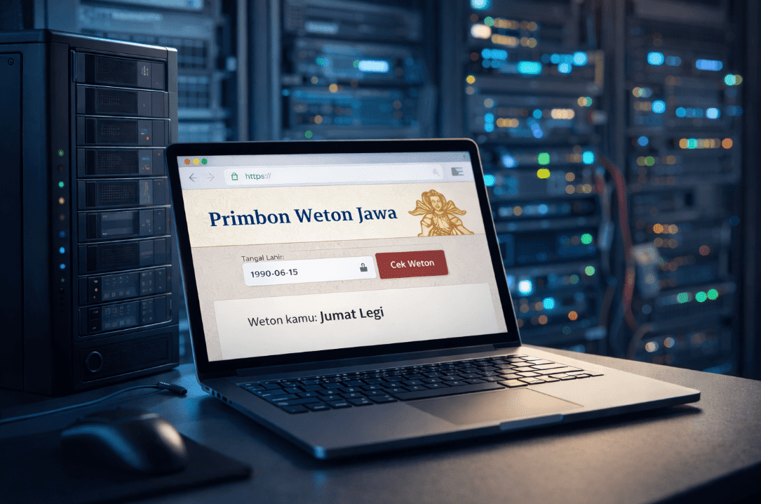 Laptop computer on desk for creating Javanese primbon website tutorial