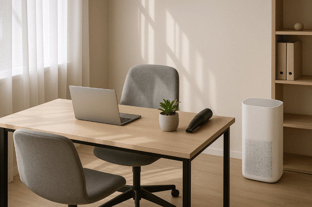 Laptop on a wooden desk in a dust-free room