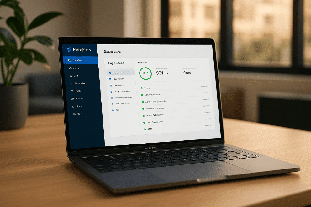 Laptop on wooden table for WordPress optimization blog