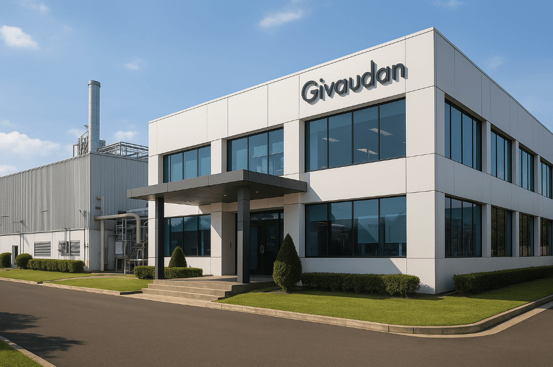Large white building with Givaudan sign in Depok