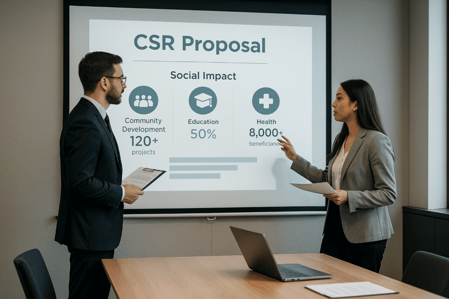 Man and woman presenting in front of projector screen