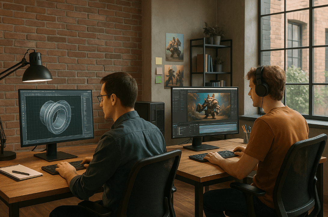 Man at desk using computer in GPU performance comparison blog