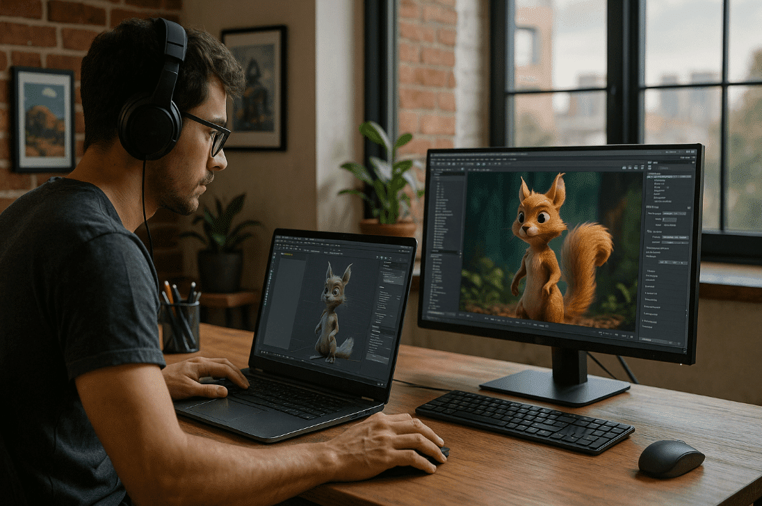 Man at laptop with squirrel on screen, ideal for 3D animation workstations