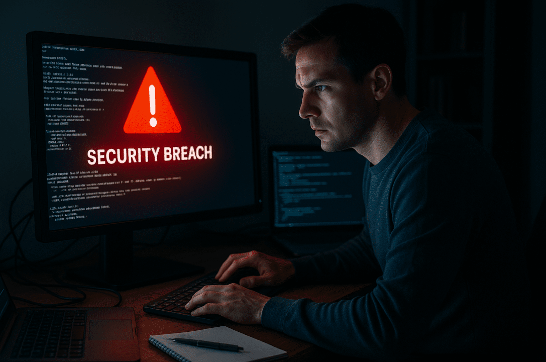 Man facing computer screen with red warning symbol