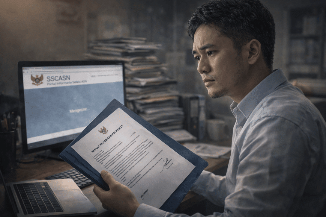 Man holding document in front of computer for CPNS selection blog