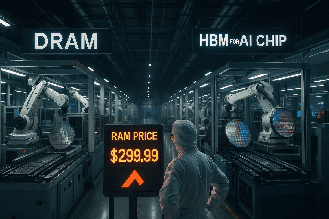 Man in factory near sign discussing RAM prices and AI chip focus