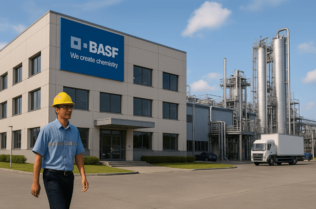 Man in hard hat at BASF Chemicals Depok building