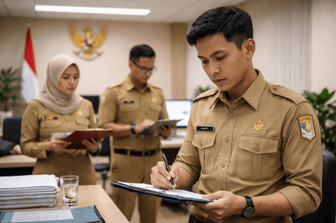 Man in uniform writing on clipboard