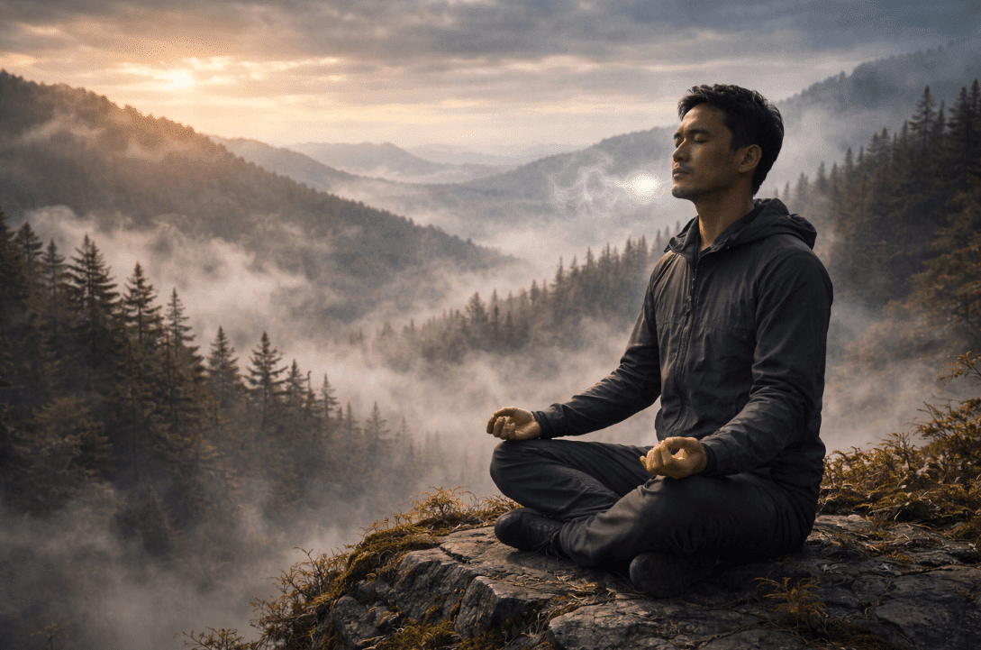 Man meditating in lotus position on mountain summit
