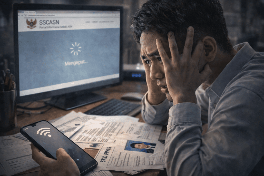 Man preparing for CPNS exam with a cell phone
