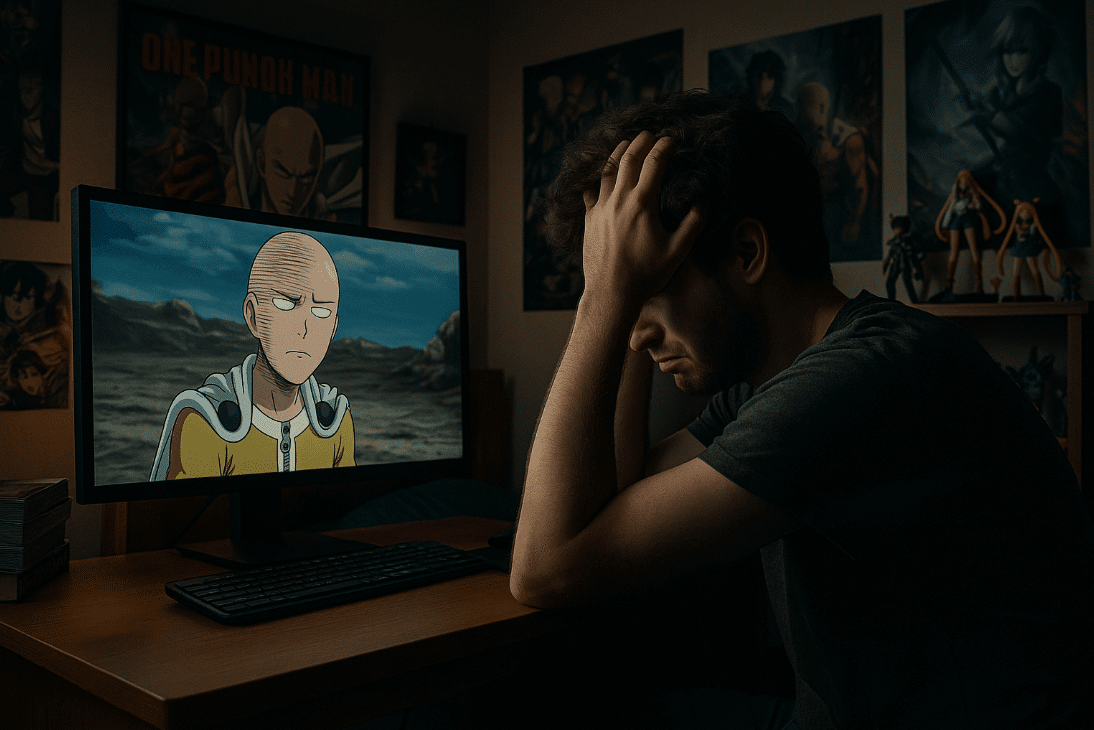 Man sitting at computer screen analyzing One Punch Man anime