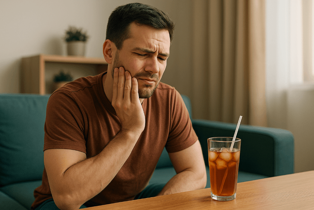 Man sitting with drink discussing gum and jaw swelling causes
