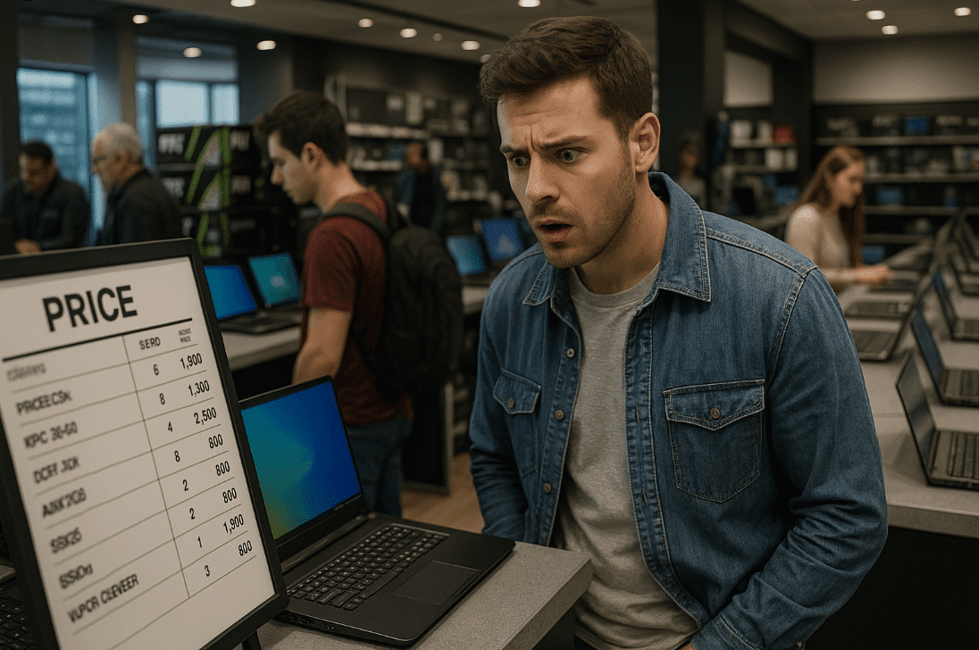 Man standing in front of a laptop computer discussing expensive AI components