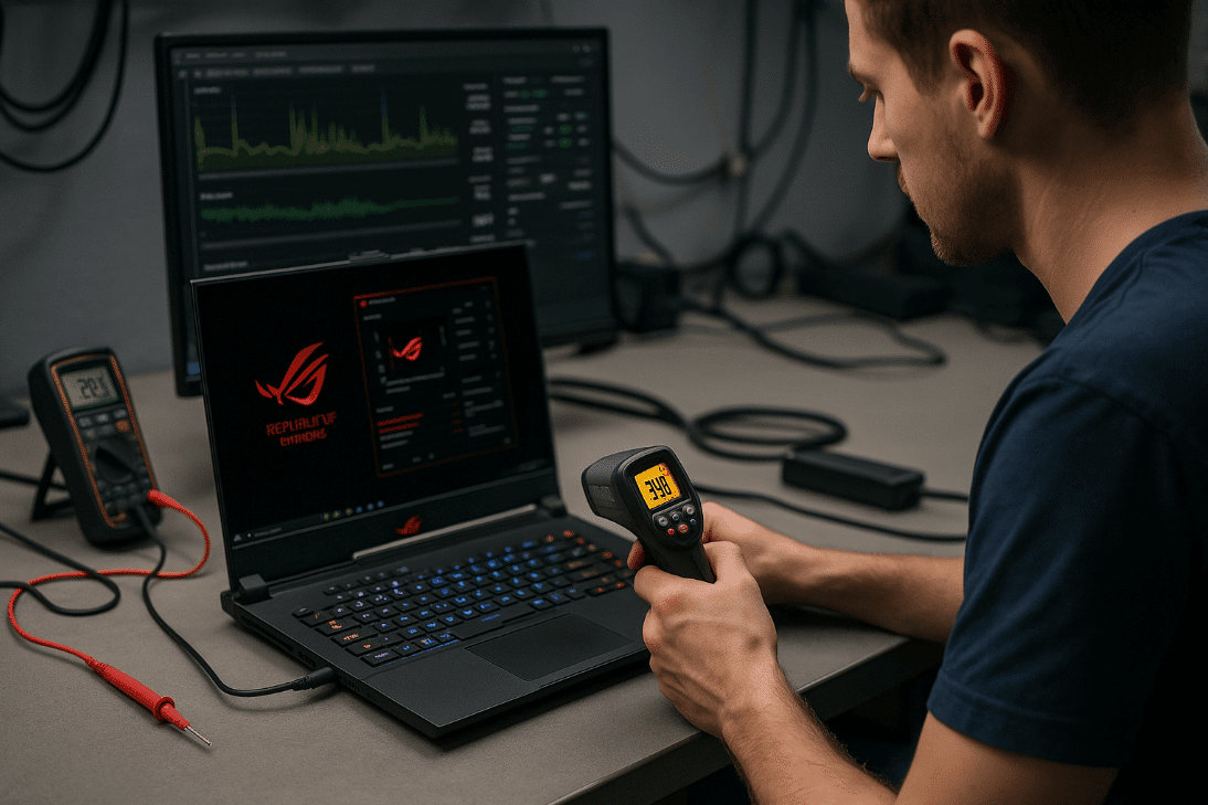 Man using laptop and calculator checking ASUS ROG laptop purchase