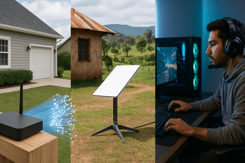 Man using laptop at a wooden table for internet service comparison