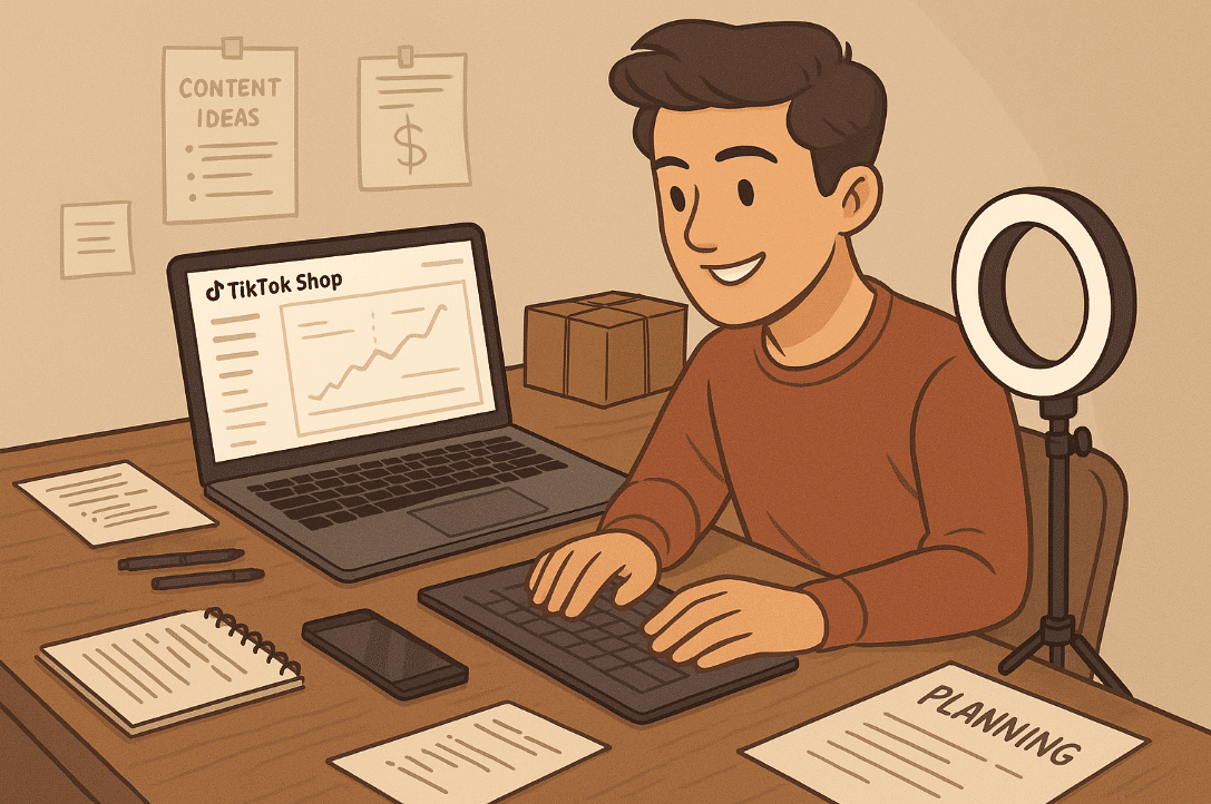 Man using laptop at desk for TikTok strategy