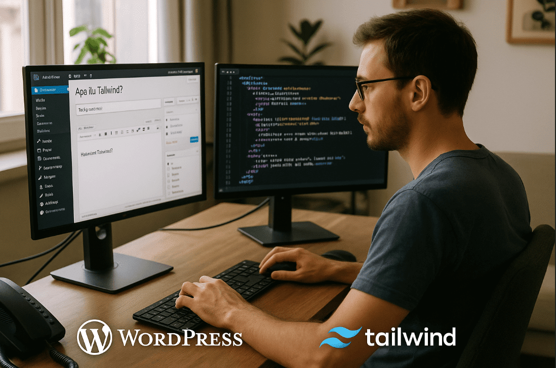 Man working on dual monitors related to Tailwind and CMS