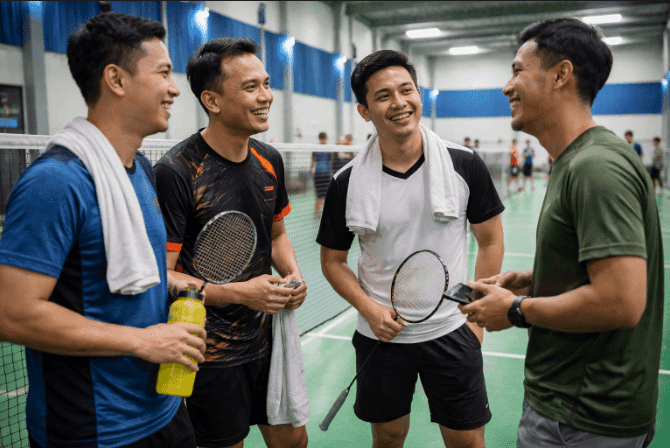 Men standing together on a tennis court in Depok