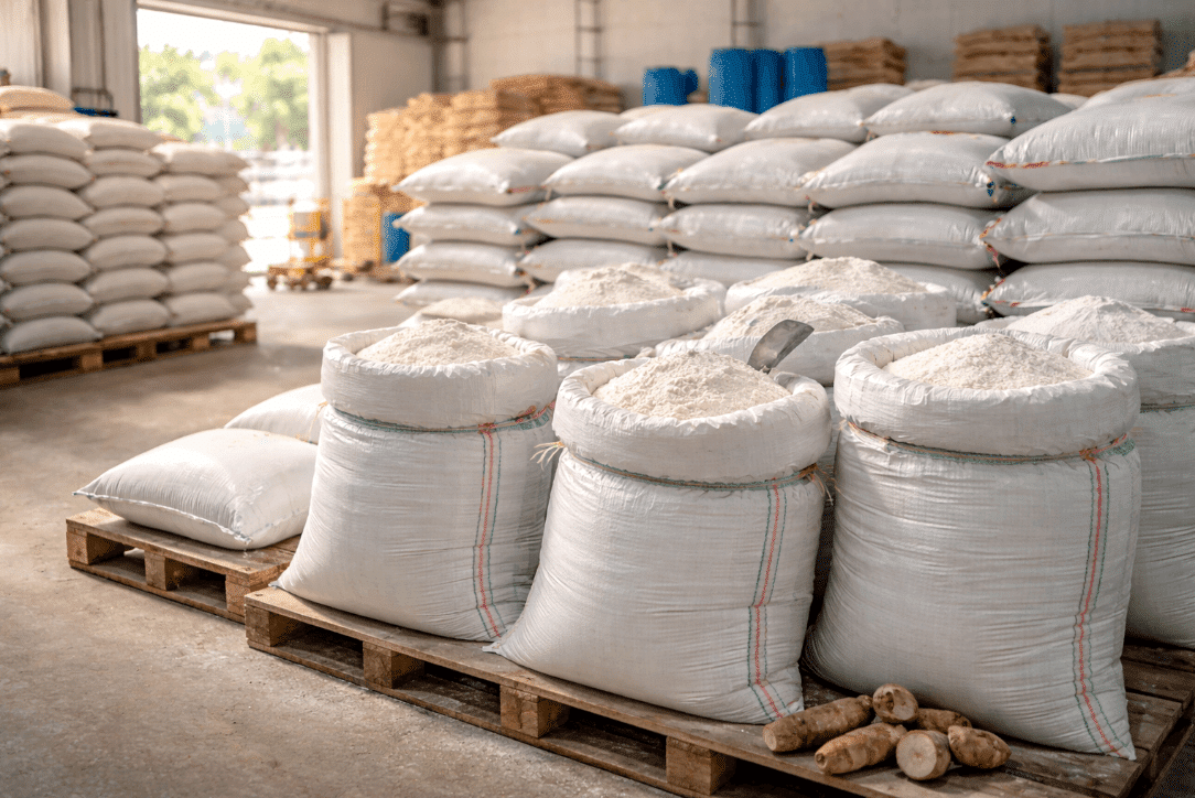 Pallet of white bags for bulk cassava flour sale